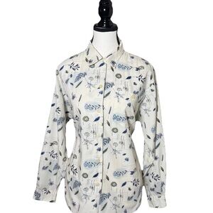 Cabin Creek Vintage Button Wrinkle Free Shirt Petite L Ivory Botanical Feather